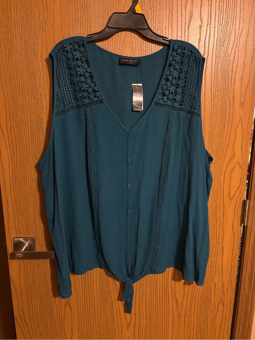 Lane Bryant Teal Crochet-Shoulder Button Tie-Front Sleeveless Top